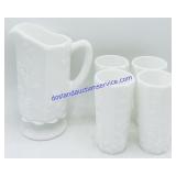 5 Pc Milk Glass Pitcher & Cup Set