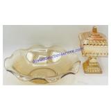 Amber Glass Ruffled Bowl & Lidded Trinket Dish