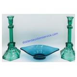 2 Green Glass Candlestick Holders & Blue Glass
