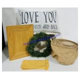 Wicker Basket, Trow Pillow, Wood Platter and