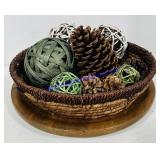 Wood Lazy Susan With Wicker Basket