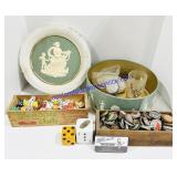 Wooden Boxes of Bottle Caps and Dice, Tin with