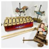 Toy Carousel Horses, Xylophone and Wooden Wagon