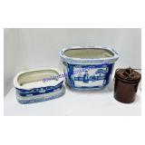 Chinese Blue  Porcelain Planter and Dish, Small