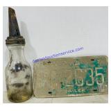 Glass Motor Oil Bottle & Iowa License Plate