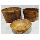 2 Wicker Baskets & Woven Apple Basket