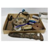 Lot of Tool Weights, Hand Drills, Pipe Wrench, Etc
