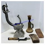 Antique Jack, Meat Grinder, Axe Head, Hand Drill,