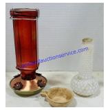 Hummingbird Feeder, Ceramic Dish, Milk Glass Vase