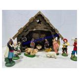 Nativity Scene of Cardboard Stable and 12 Plaster
