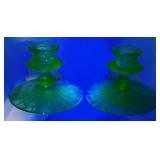 Uranium Glass Candle Stick Holder Pair (Chip)