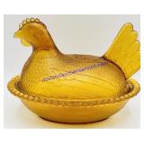 Amber Glass Hen On Nest Covered Dish