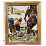 Framed Horse And Rooster Painted Glass. 12ï¿½x10ï¿½