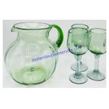 Green Glass Pitcher & (3) Stemmed Cup Set