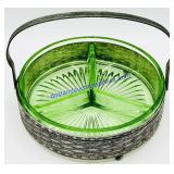 Green Glass Divided Tray w/ Silver Plated Carrier