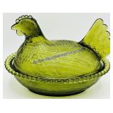 Green Glass Hen On Nest Lidded Dish