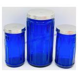 (3) Mixed Size Blue Glass Lidded Storage Jars
