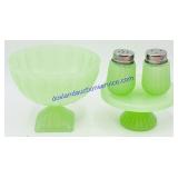 Small Green Glass S&P Shaker, Platter, & Bowl