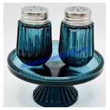 Small Blue Glass S&P Shaker w/ Platter Set