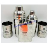 2 Cocktail Shakers, Flask, & 2 Metal Whisky