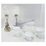 Milk Glass Lamp Shade, Glass Pedestal Tea Cups &