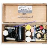 Cigar Box of Mixed Small Camera Lenses
