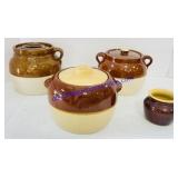 3 Stoneware Bean Pots with Lids & Condiment Pot