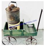 Small Wooden Wagon, Charles Chips Tin, & Oil Can
