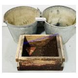 2 Galvanized Metal Buckets & Wooden Crate