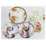 3 Glass Decorative Plates & Ceramic Cross