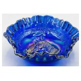 Dugan Blue Carnival Glass Ruffled Bowl