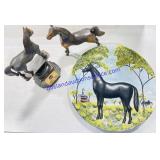 2 Bronze Horse Sculptures & Ceramic Horse Platter