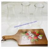 3 Glass Lamp Chimneys and Wooden Cutting Board