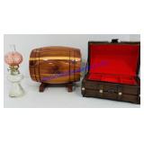 Woooden Jewelry Box, Piggy Bank & Miniature Oil