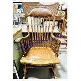 Antique Oak, Leather, & Brass Pressback Rocker