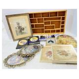 Wooden Shadow Box & Vintage Art