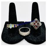 3 Jeweled Sterling Silver Rings (All Size 7)