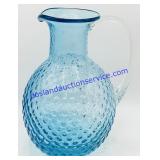 Blue Art Glass & Clear Handle Hobnail Pitcher