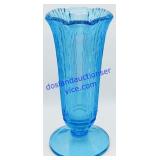 Aqua Blue Vertical Ribbed Glass Trumpet Vase