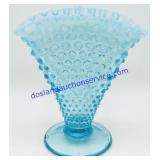 Fenton Blue Opalescent Hobnail Glass Fan Vase