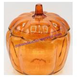 Orange Art Glass Pumpkin Lidded Candy Bowl