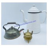 Copper Tea Kettle, Enamel Pot & Brass Incense