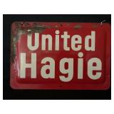 UNITED HAGIE METAL EMBOSSED GREEN BACK FARM SIGN -