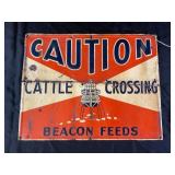 BEACON FEEDS CAUTION CATTLE CROSSING GREEN BACK