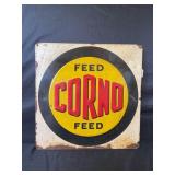 CORNO FEED METAL EMBOSSED RED BACK SIGN - 19 1/2"