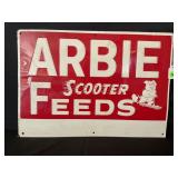 ARBIE FEEDS SCOOTER METAL GREEN BACK EMBOSSED SIGN