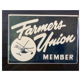 FARMERS UNION MEMBER EMBOSSED METAL GREEN BACK