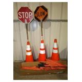 11 ORANGE SAFETY CONES, SAFETY FLAGS & STOP &