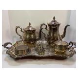 LEONARD SILVERPLATE TEA SET W/ TRAY, 2 TEA POTS,
