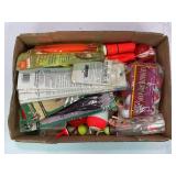 LARGE FLAT OF FISHING BOBBERS, WORMS, WEIGHTS &